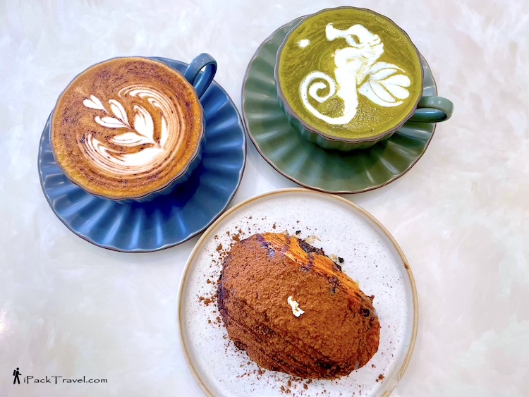 Nimmies Pastry Cafe: Cappuccino, hojicha latte and dirty choc croissant