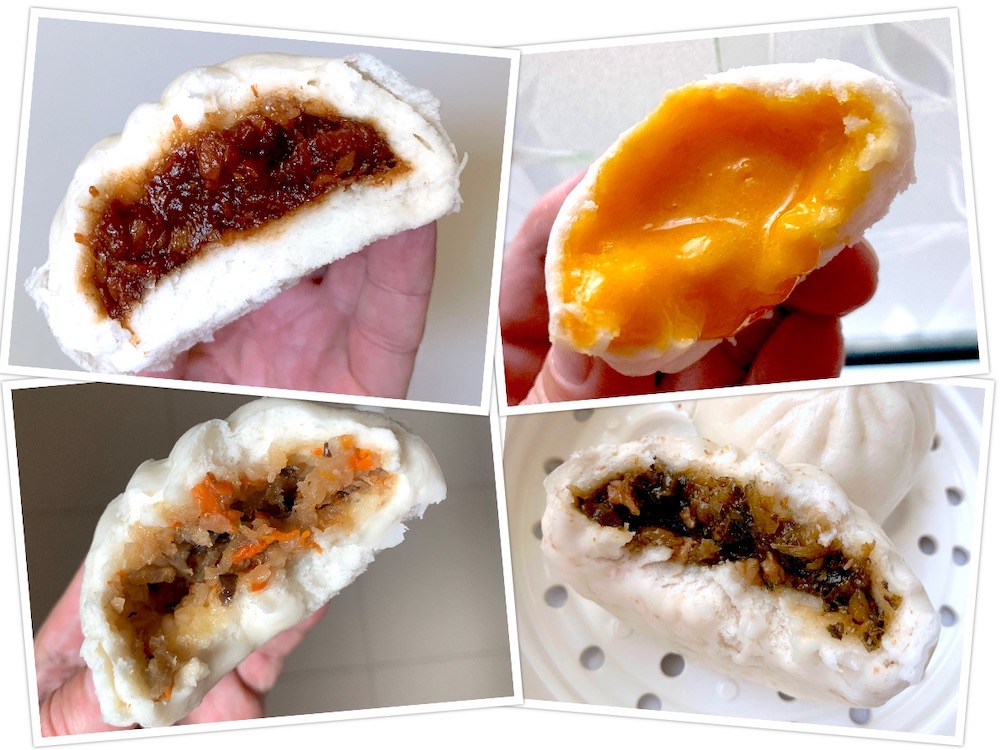 B.O.D 包栈: BBQ Pork Streamed Bun (叉烧包), Salted Egg Lava Bun (咸蛋流沙包), Vegetable Steamed Bun (菜包) and Preserved Vegetable Steamed Bun (梅菜包)