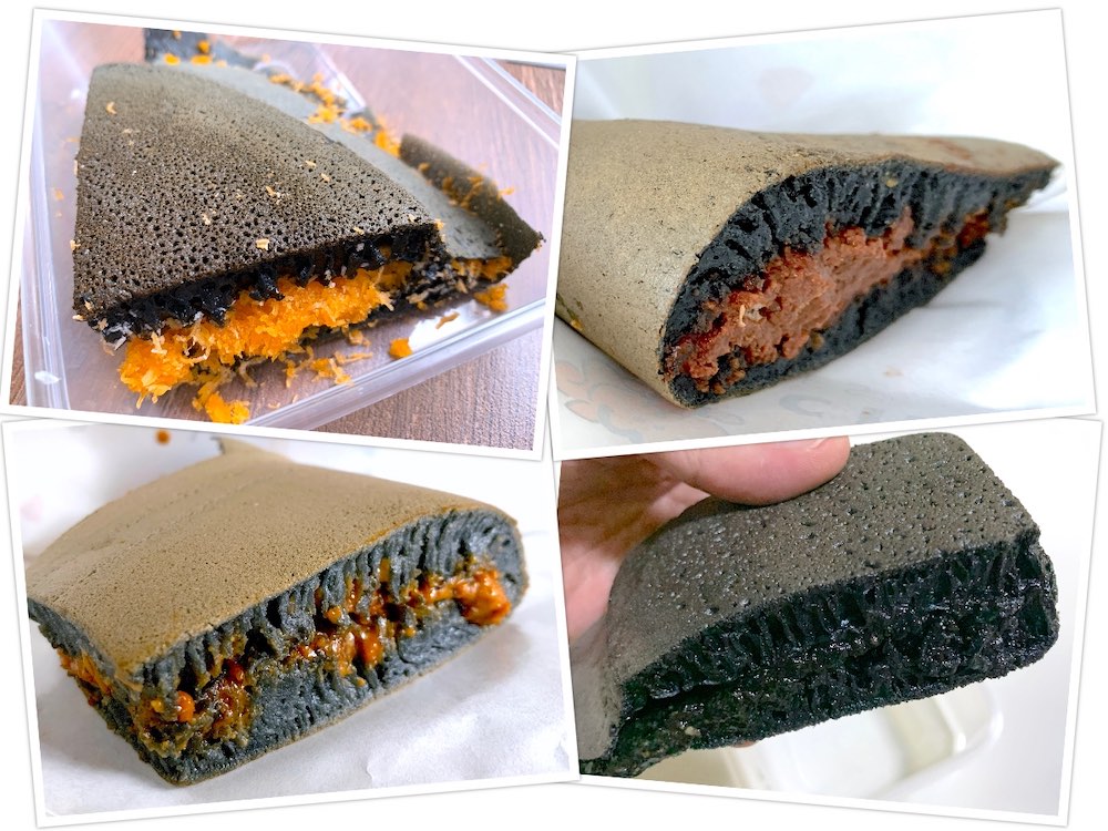 Munchi Pancakes: Min jiang kueh with charcoal-flavour skin and grated coconut, hazelnut, biscoff and black sesame fillings