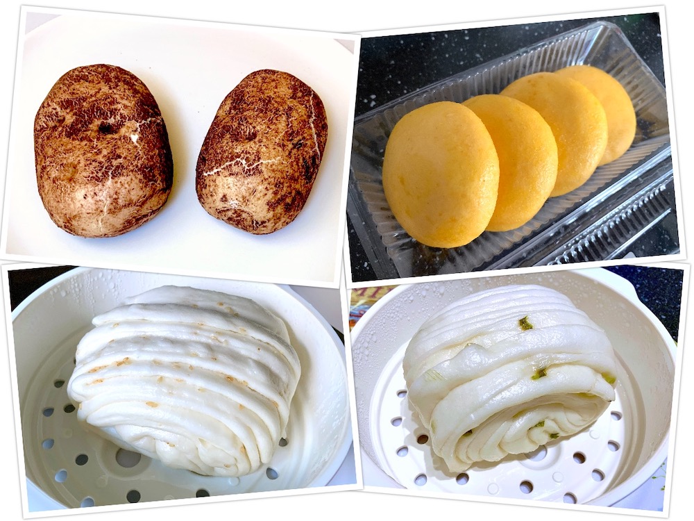 Dough Magic (扑面而来): Potato Bao (紫番薯仔包),  "coarse grain corn cake" (粗粮玉米饼), Twisted Roll with Sesame (葱花花卷) and Twisted Roll with Spring Onion (葱花花卷)