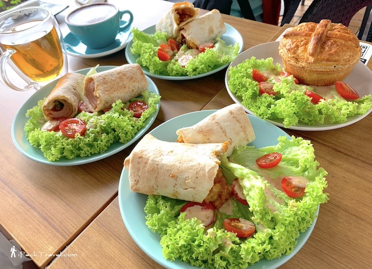 Better Days Cafe & Bar: Vegetable Cilantro (vegetarian) wrap, Seasonal Wrap Special, Turkey Ham & Cheese wrap and Mushroom Chicken Pie