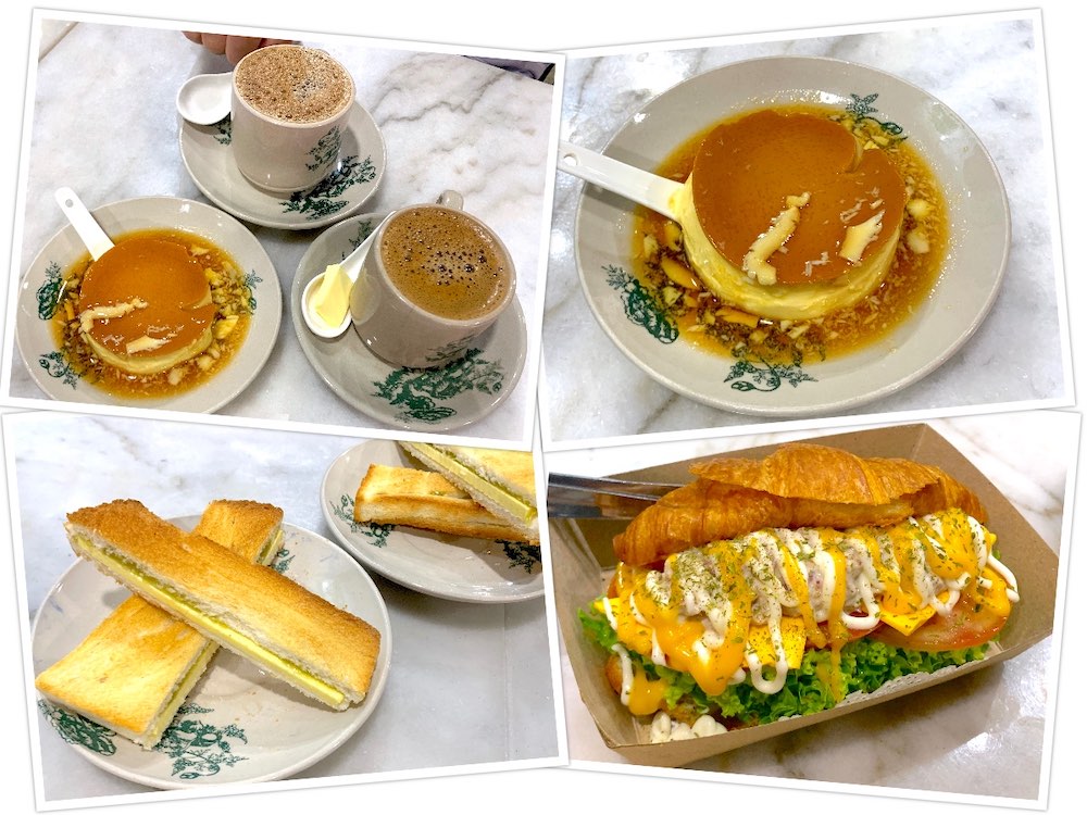 Kong Fu Kopitiam (功夫茶餐厅): kopi-O, white kopi, butter kopi, cham, caramel custard, soft-boiled eggs with kaya-butter toasts and Croissant Cheese Tuna