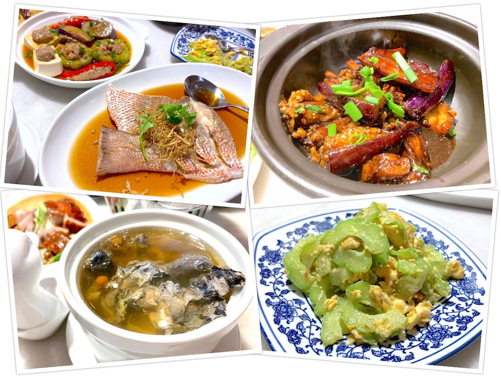 Meng Meng Roasted Duck (阿明帝皇鸭): Yong tau foo, steamed fish tail, eggplant, chicken soup & egg-fried bitter gourd