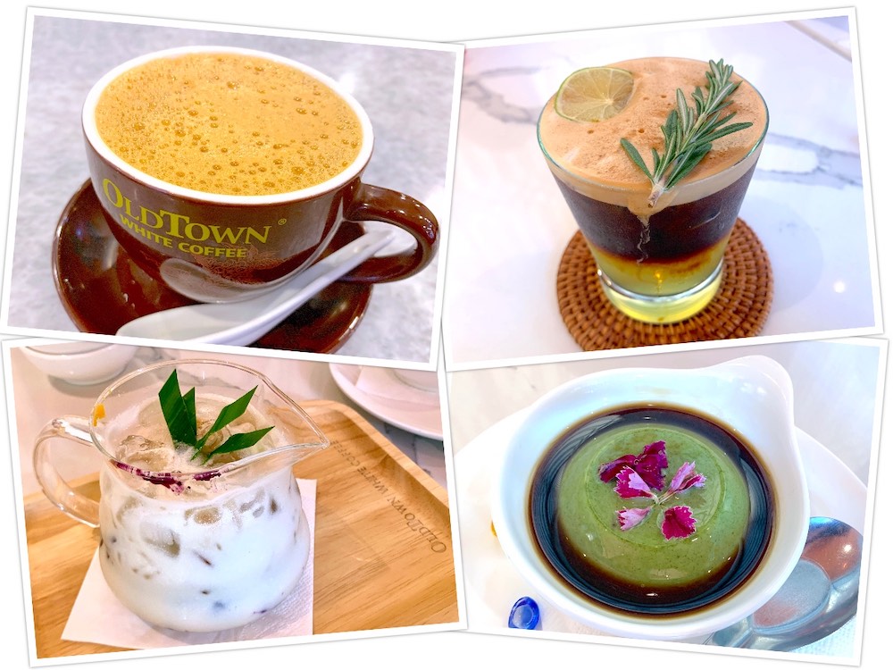 OldTown White Coffee Experience Centre: Ipoh white coffee (怡宝白咖啡), Sunset Serenity (日落宁静), Bubur Cha Cha with Coffee Jelly (摩摩喳喳咖啡果冻) and Matcha Tau Fu Fa (抹茶豆腐花)