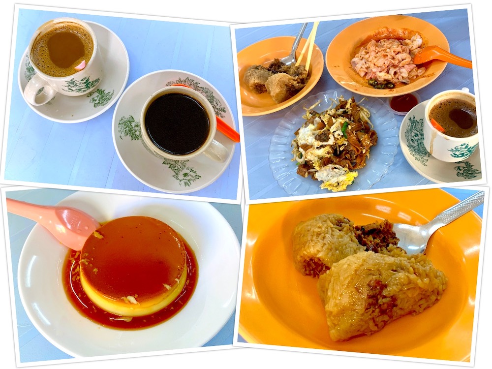 Restoran Sin Kin Kok (新建国茶餐室): Coffee, caramel custard, chee cheong fun and glutinous rice dumpling.