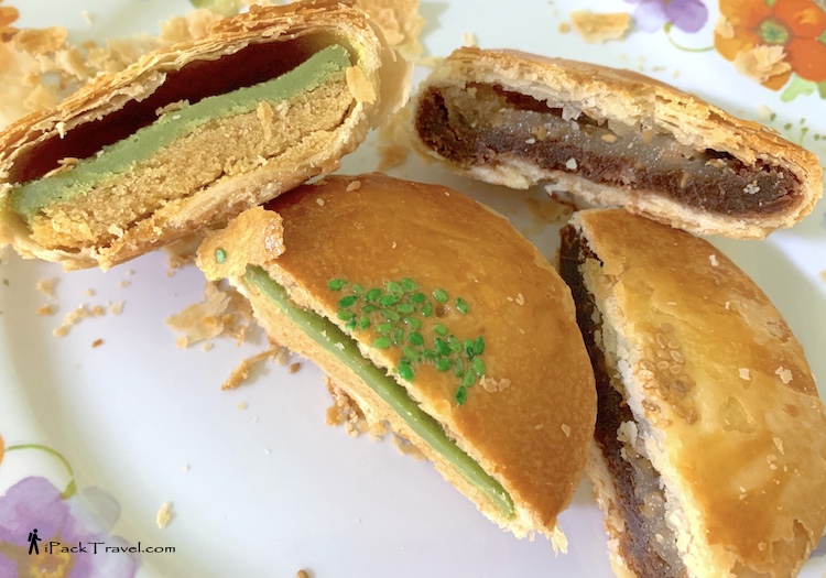 GN Food & Biscuits (满發传统手工糕饼店): A pandan + salty mung bean paste biscuit (翡翠明珠) and a winter melon + black bean paste biscuit (双清)