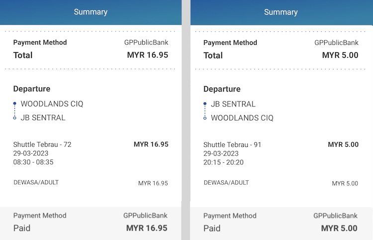 Shuttle Tebrau to JB: Separate booking for return ticket