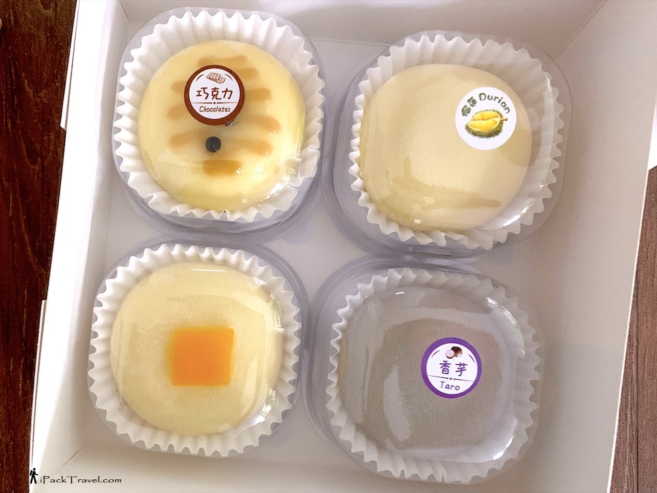Sien's Kitchen Mochi (阿贤厨房.雪媚娘): Chocolate Kunafa (巧克力), Durian (猫山王榴莲), Mango (芒果) and Taro / Yam (奶香芋泥) mochis