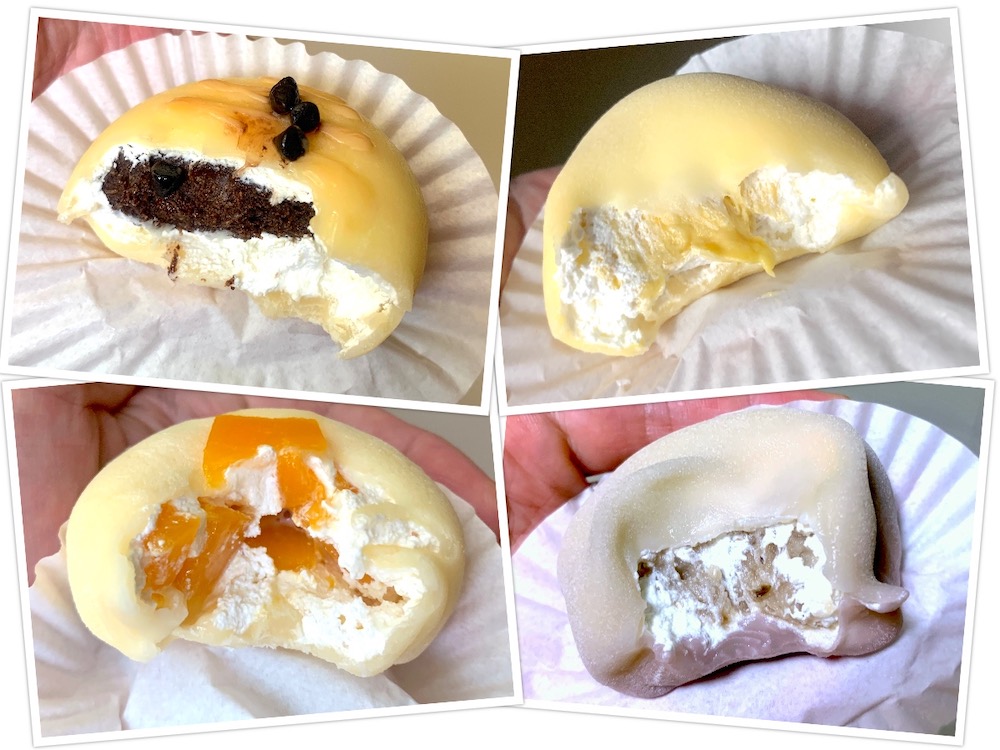 Sien's Kitchen Mochi (阿贤厨房.雪媚娘): Chocolate Kunafa (巧克力), Durian (猫山王榴莲), Mango (芒果) and Taro / Yam (奶香芋泥) mochis